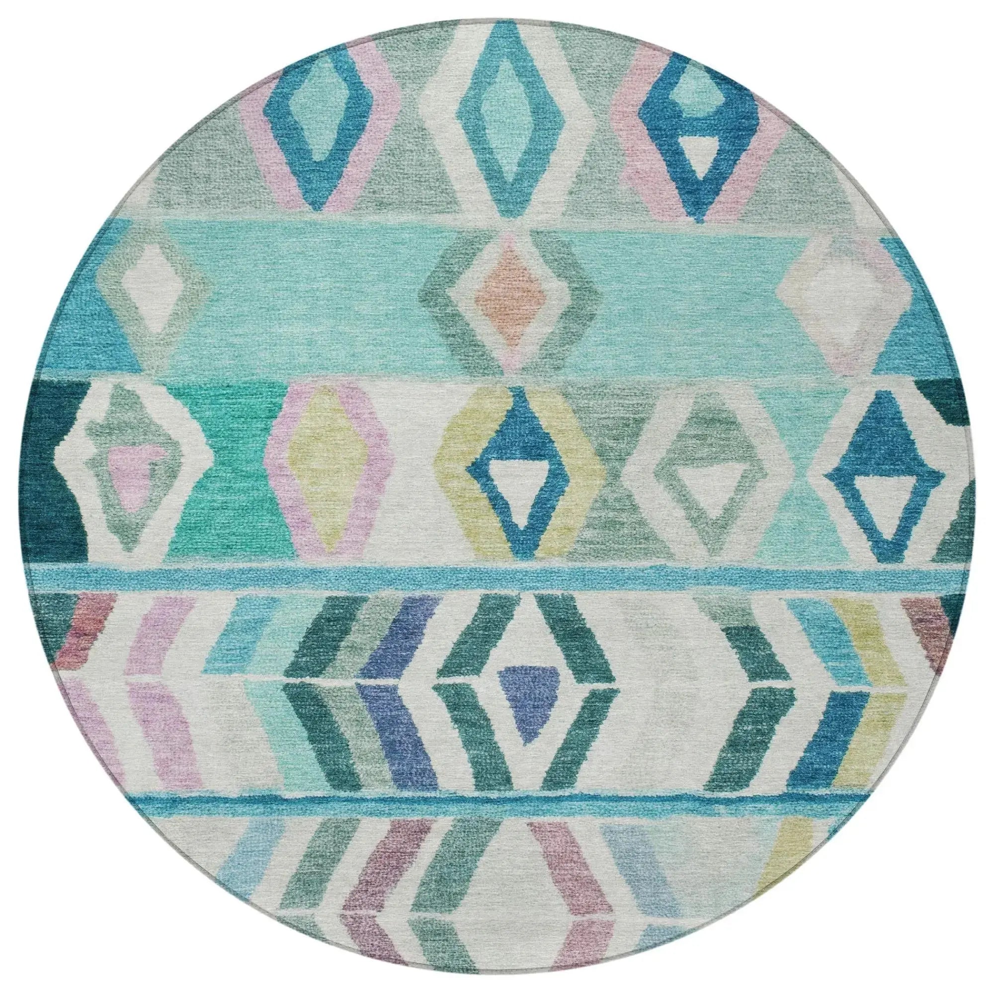 8' Teal Blue And Turquoise Round Tribal Washable Indoor Outdoor Area Rug Homeroots Outdoor