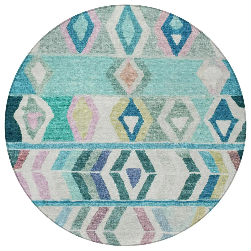 8' Teal Blue And Turquoise Round Tribal Washable Indoor Outdoor Area Rug Homeroots Outdoor