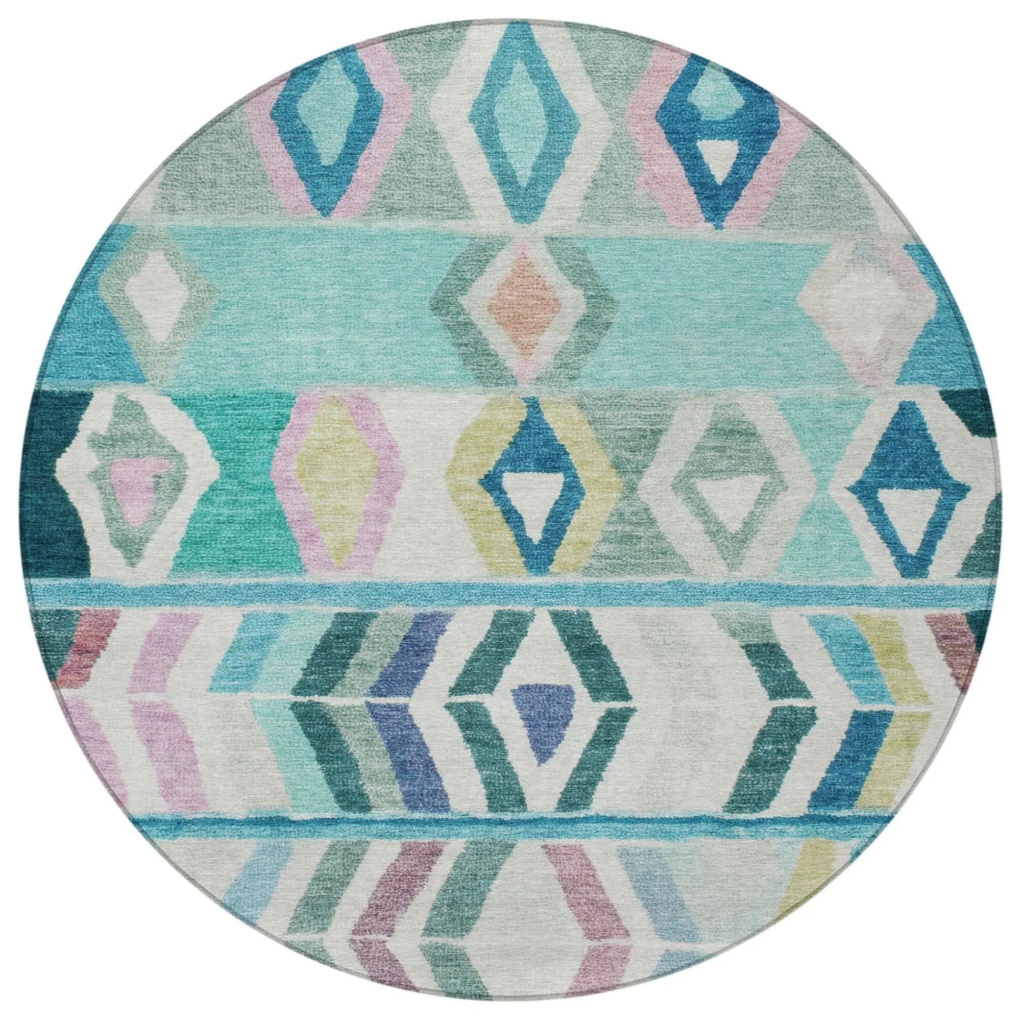 8' Teal Blue And Turquoise Round Tribal Washable Indoor Outdoor Area Rug Homeroots Outdoor