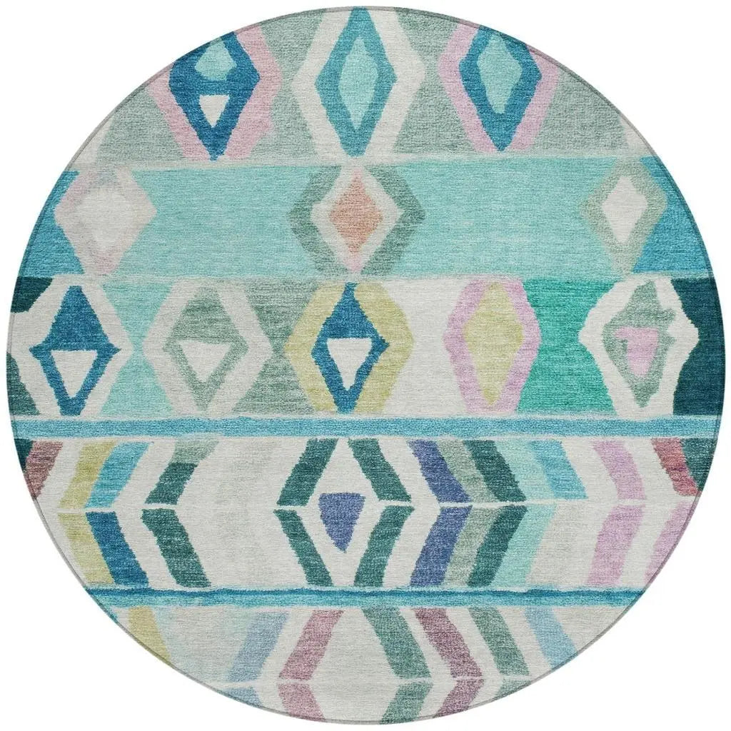 8' Teal Blue And Turquoise Round Tribal Washable Indoor Outdoor Area Rug Homeroots Outdoor