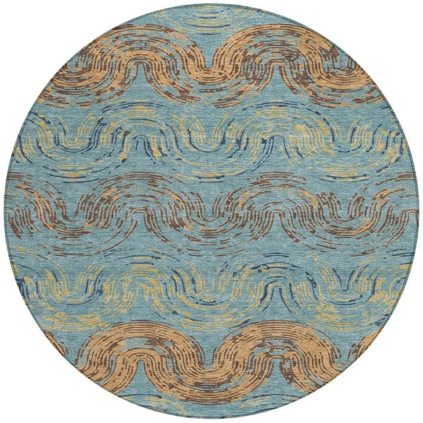 8' Teal Blue And Wheat Round Abstract Washable Indoor Outdoor Area Rug Homeroots Outdoor