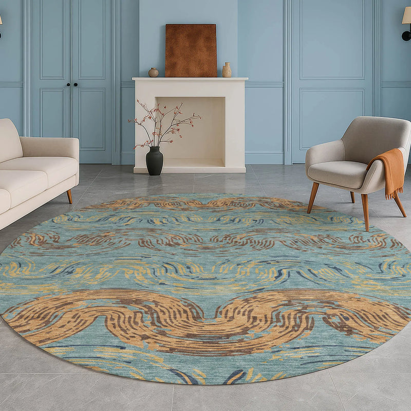 8' Teal Blue And Wheat Round Abstract Washable Indoor Outdoor Area Rug Homeroots Outdoor