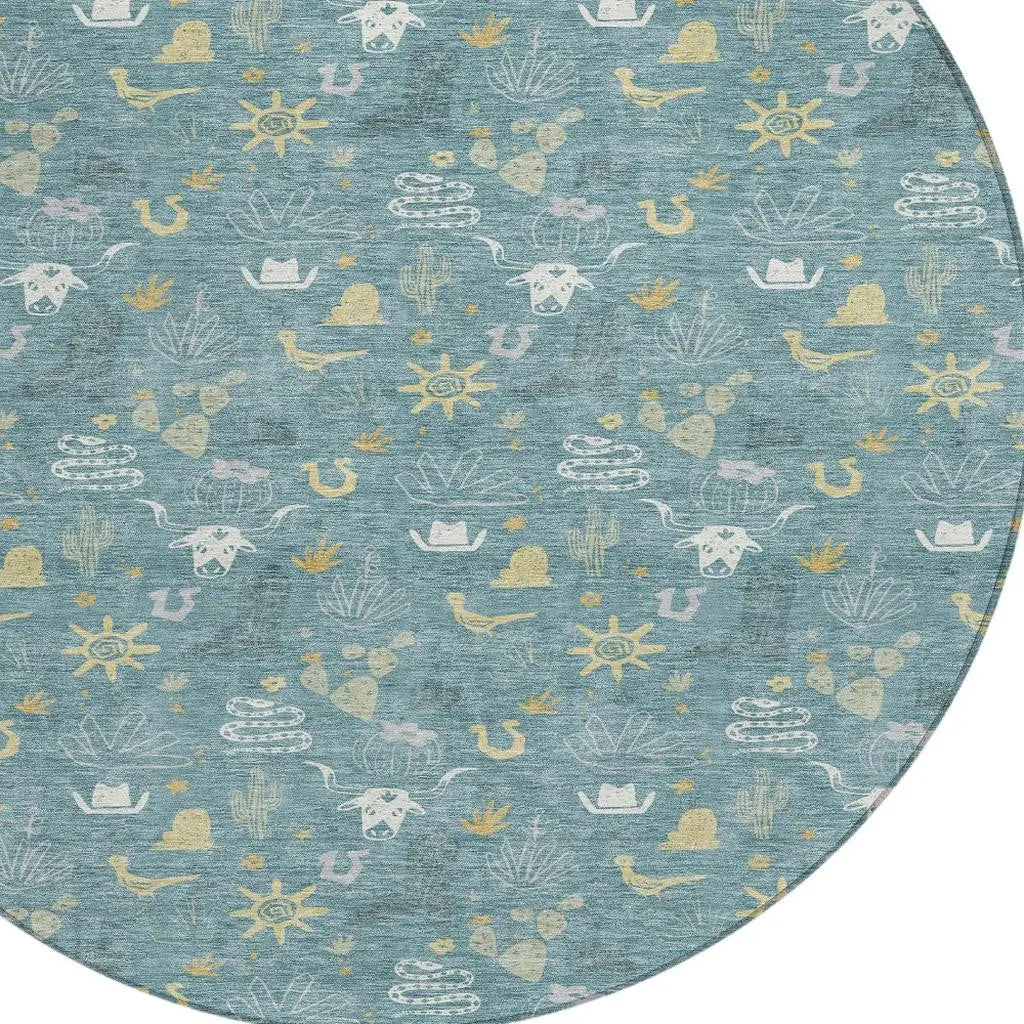 8' Teal Blue And Wheat Round Cactus Washable Indoor Outdoor Area Rug Homeroots Outdoor