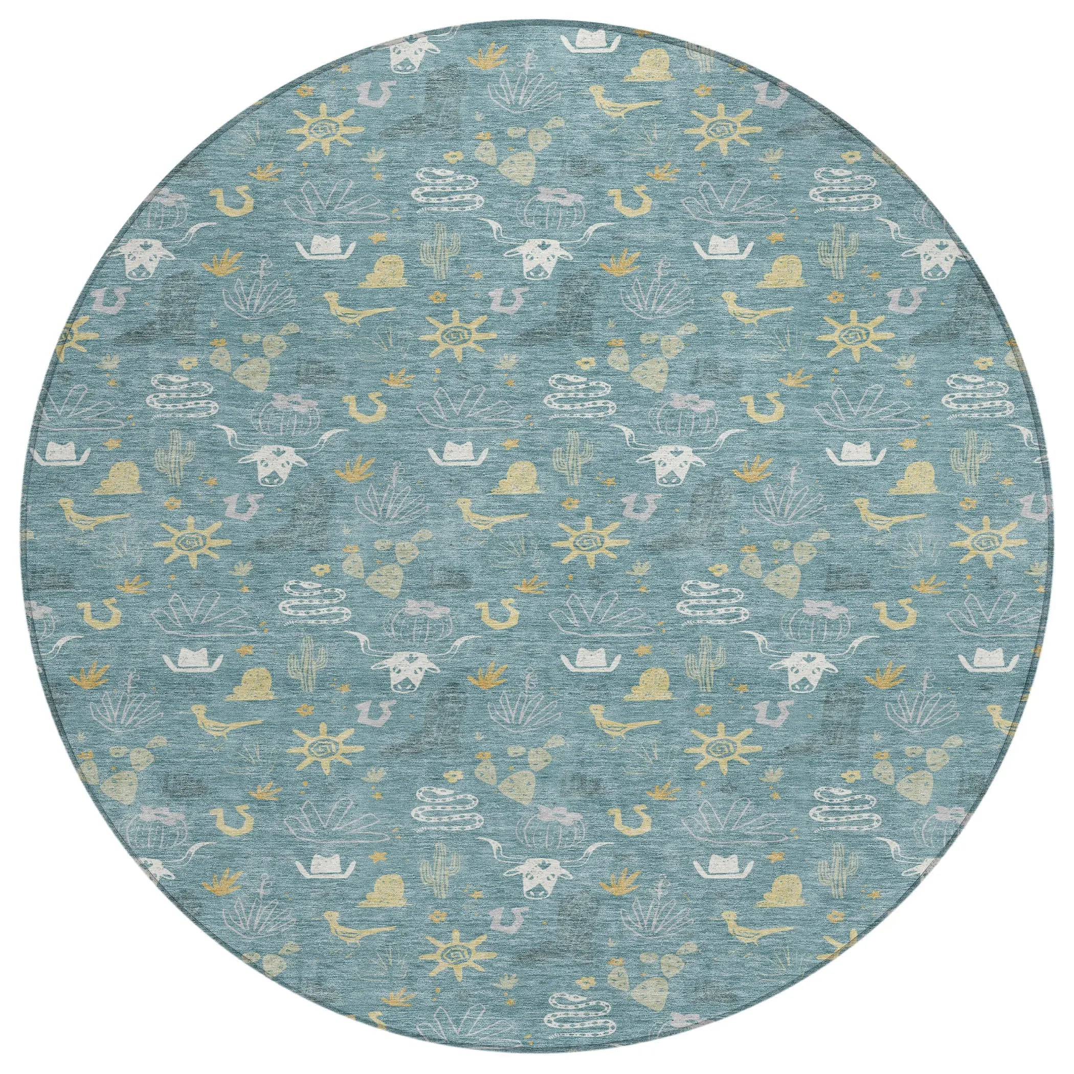 Light blue oval area rug with whimsical white and yellow nautical patterns, made from soft, durable synthetic fibers.