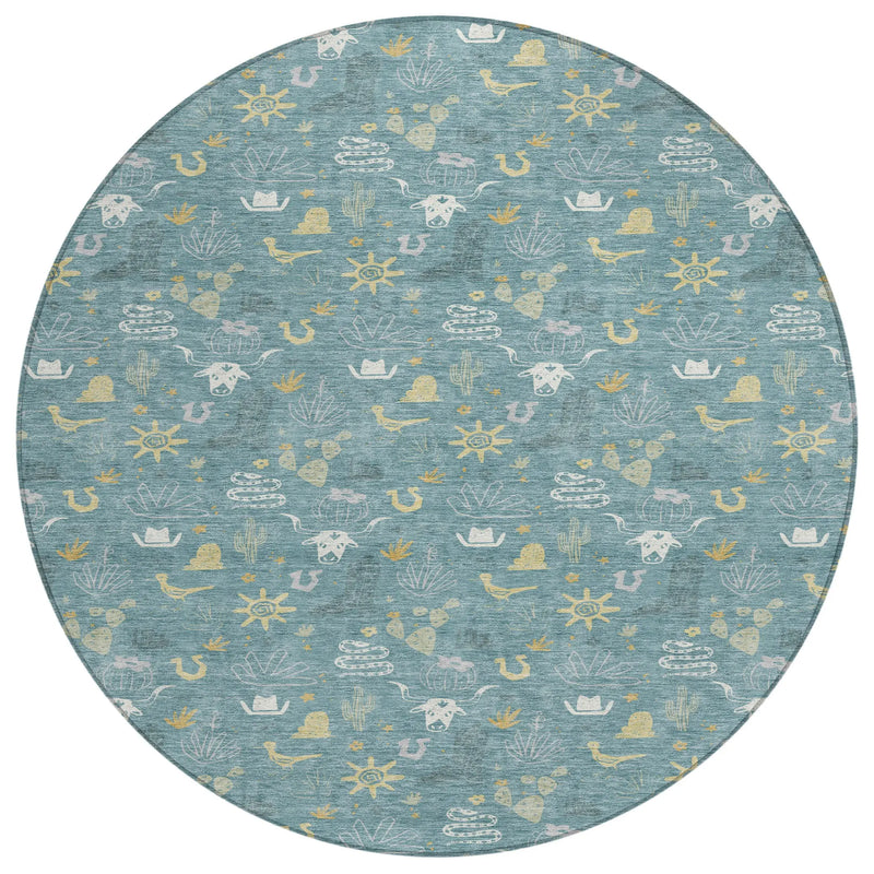 Light blue oval area rug with whimsical white and yellow nautical patterns, made from soft, durable synthetic fibers.