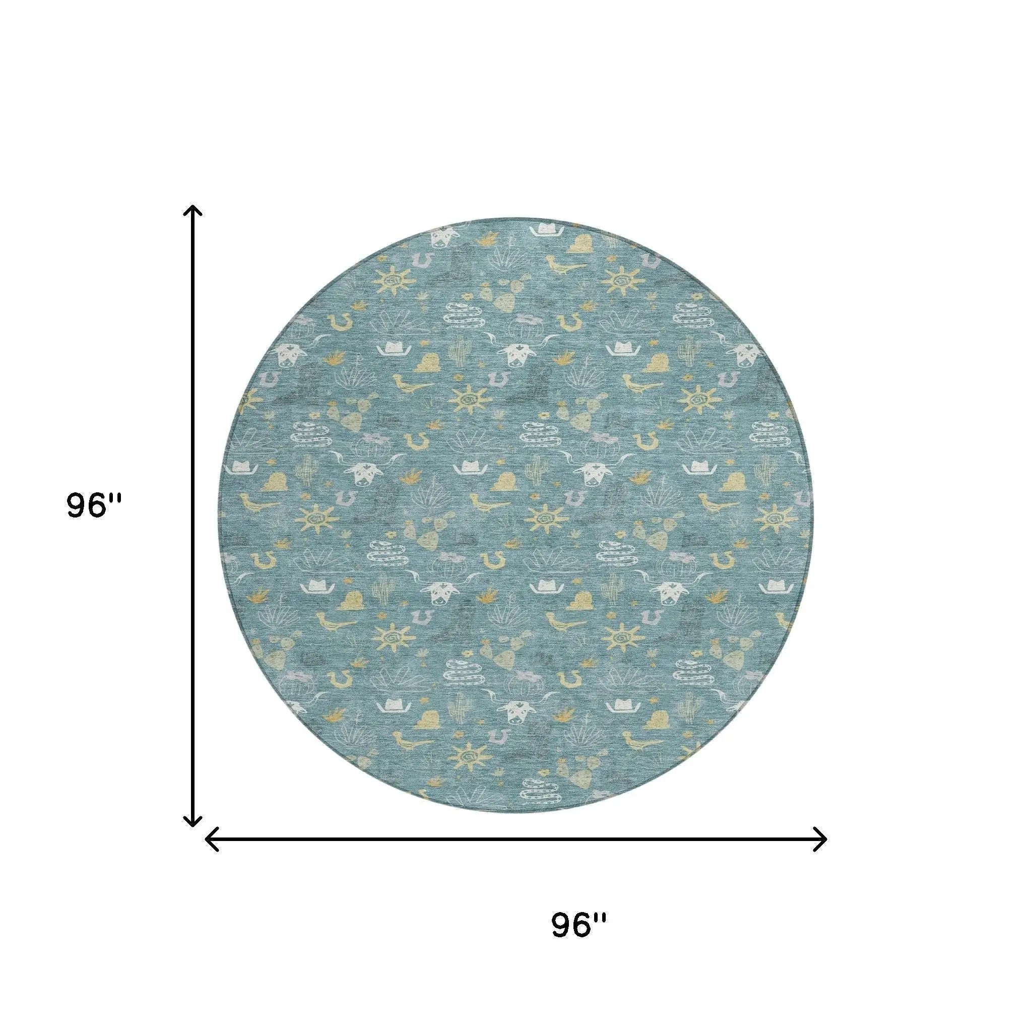 Round 96" teal area rug with whimsical patterns in white and yellow, made from soft, durable material for stylish decor.