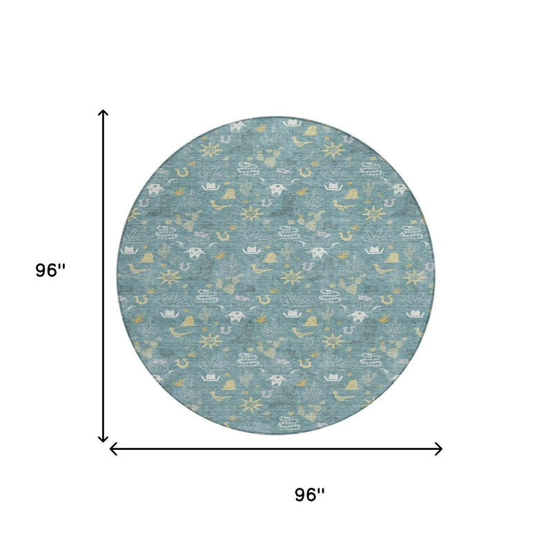 Round 96" teal area rug with whimsical patterns in white and yellow, made from soft, durable material for stylish decor.