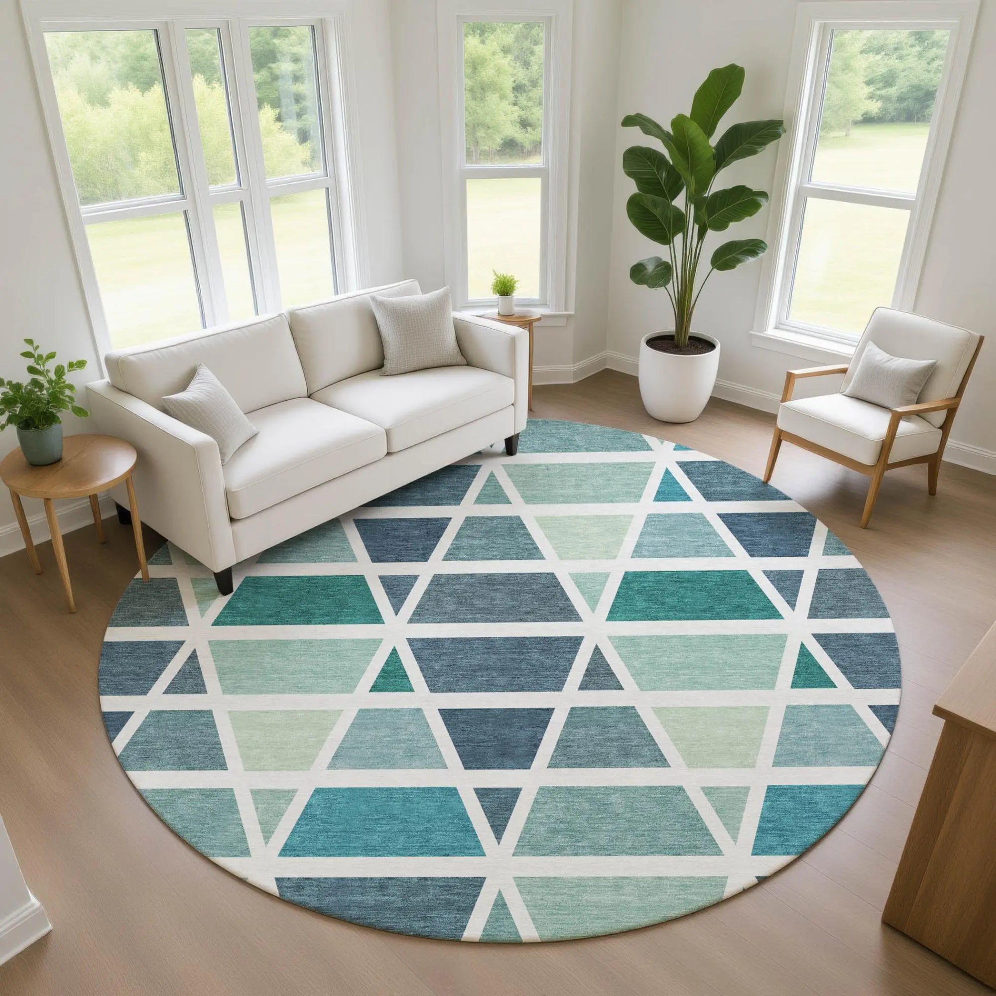 8' Teal Blue And White Round Geometric Washable Indoor Outdoor Area Rug Homeroots Outdoor