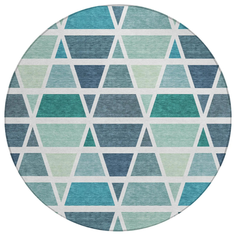 8' Teal Blue And White Round Geometric Washable Indoor Outdoor Area Rug Homeroots Outdoor