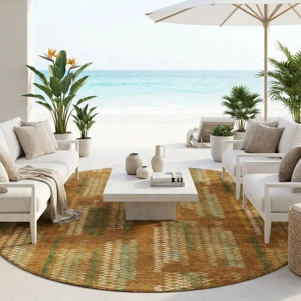 8' Terra Cotta And Brown Round Abstract Washable Indoor Outdoor Area Rug Homeroots Outdoor