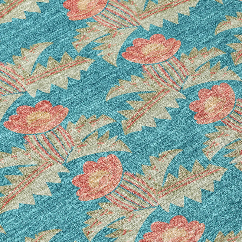 8' Turquoise And Brown Round Floral Washable Indoor Outdoor Area Rug Homeroots Outdoor