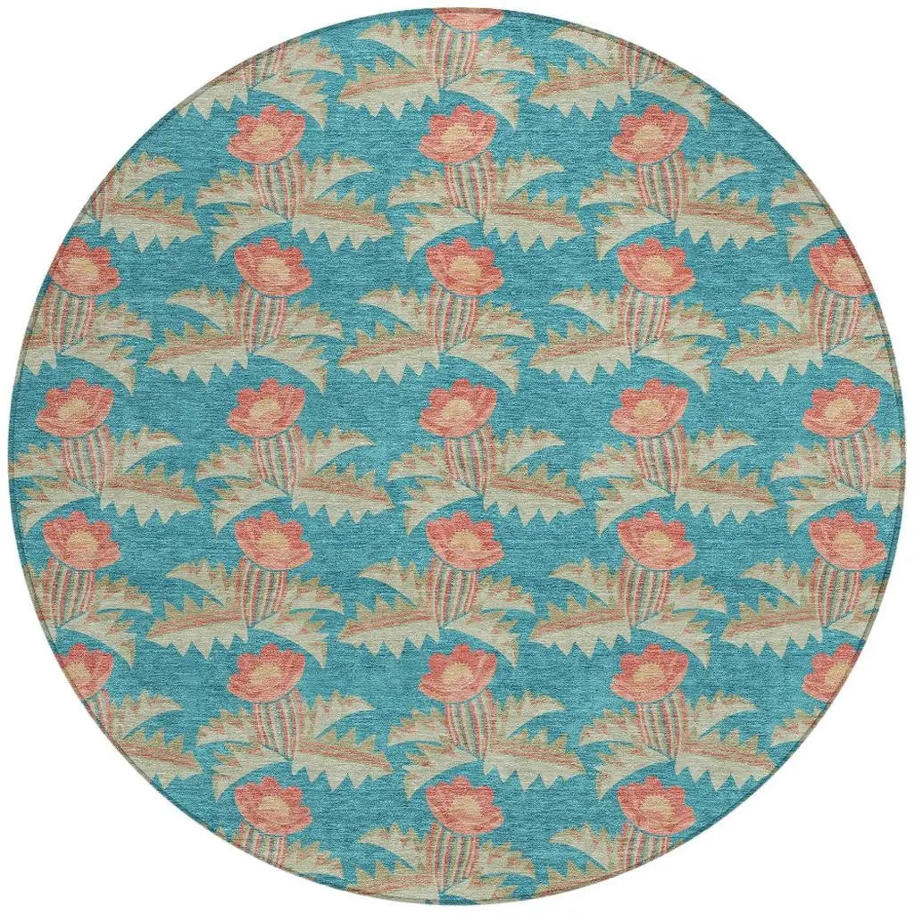 8' Turquoise And Brown Round Floral Washable Indoor Outdoor Area Rug Homeroots Outdoor