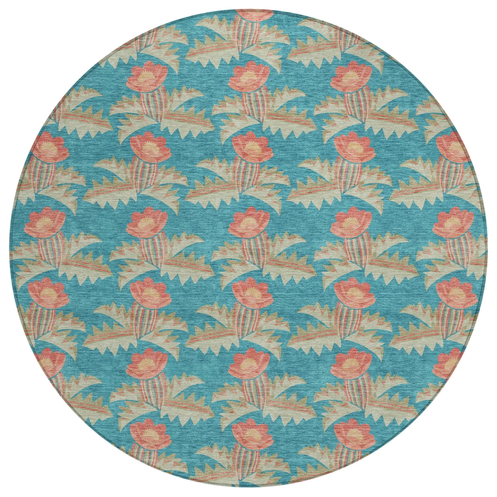 8' Turquoise And Brown Round Floral Washable Indoor Outdoor Area Rug Homeroots Outdoor