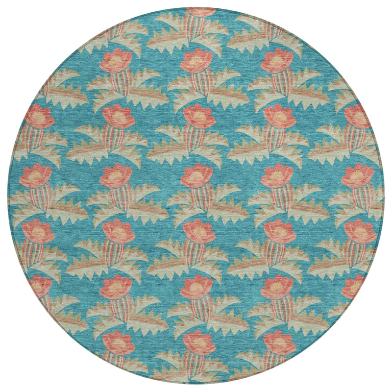 8' Turquoise And Brown Round Floral Washable Indoor Outdoor Area Rug Homeroots Outdoor