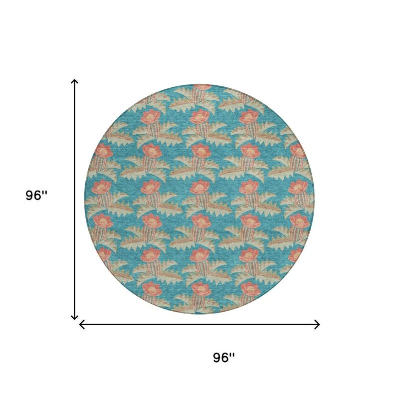 8' Turquoise And Brown Round Floral Washable Indoor Outdoor Area Rug Homeroots Outdoor