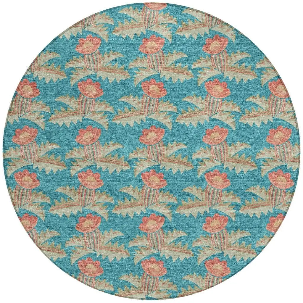 8' Turquoise And Brown Round Floral Washable Indoor Outdoor Area Rug Homeroots Outdoor