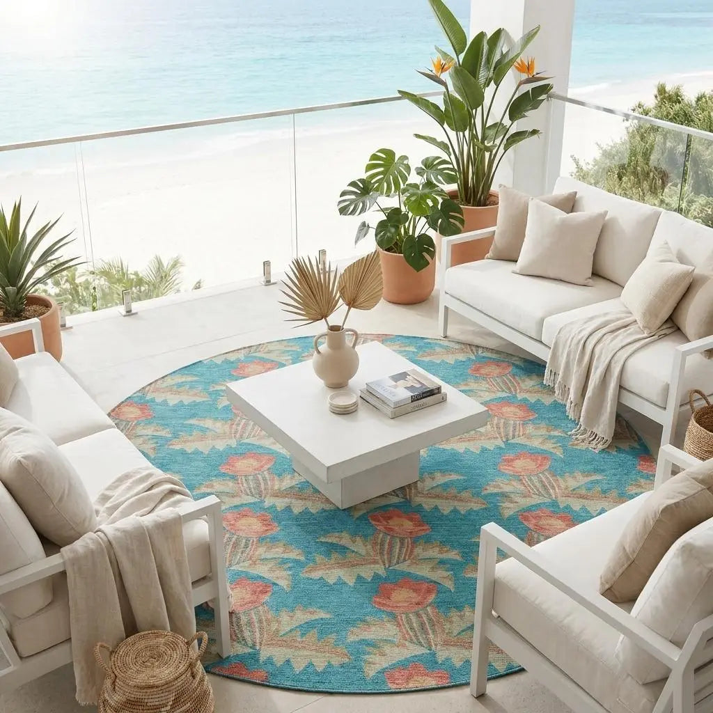 8' Turquoise And Brown Round Floral Washable Indoor Outdoor Area Rug Homeroots Outdoor