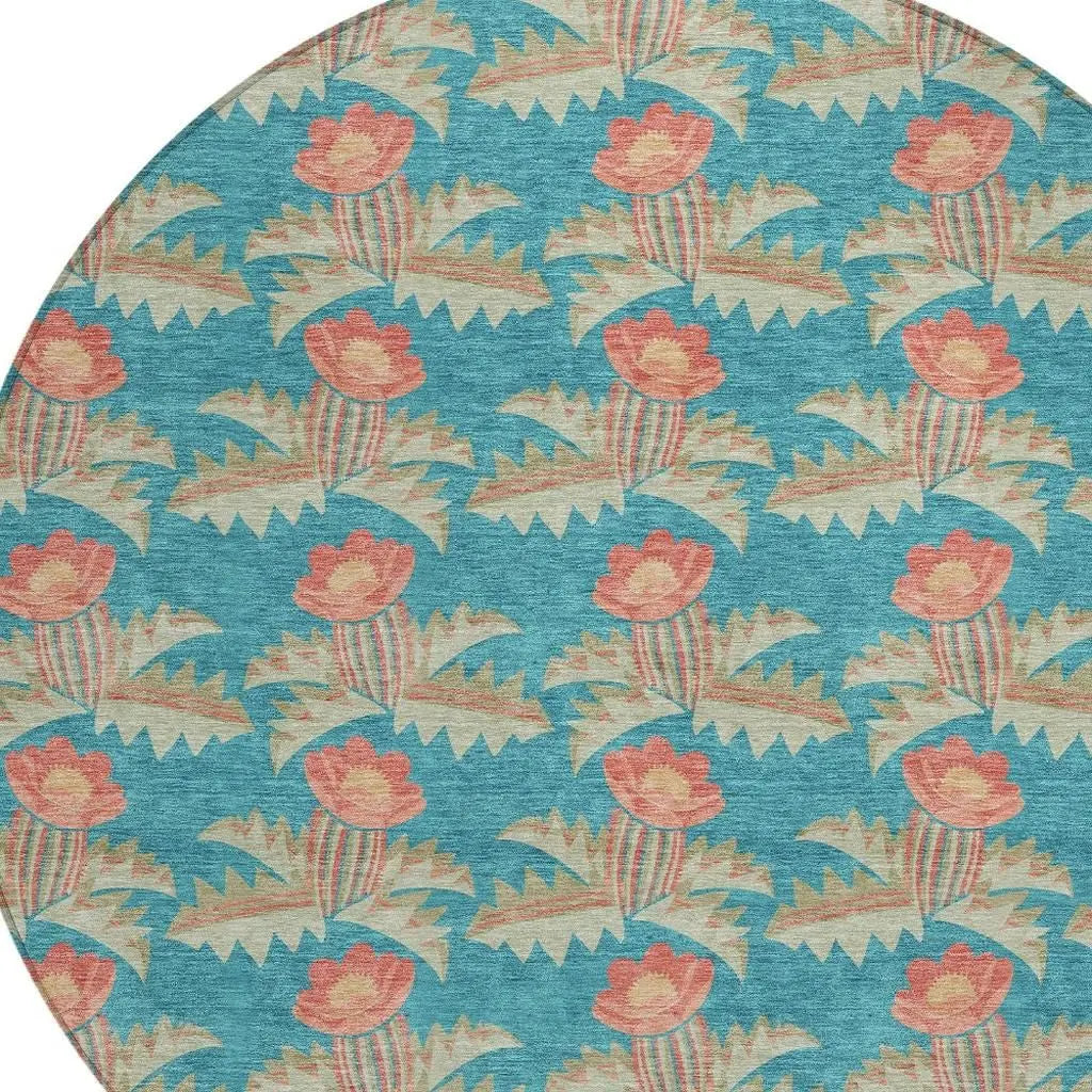 8' Turquoise And Brown Round Floral Washable Indoor Outdoor Area Rug Homeroots Outdoor