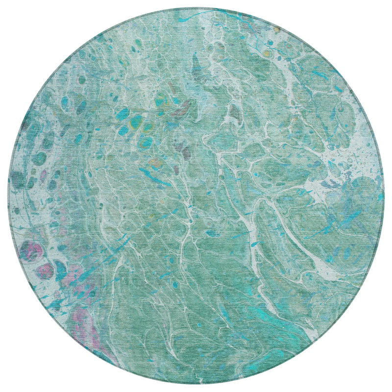 8' Turquoise And Teal Blue Round Abstract Washable Indoor Outdoor Area Rug Homeroots Outdoor