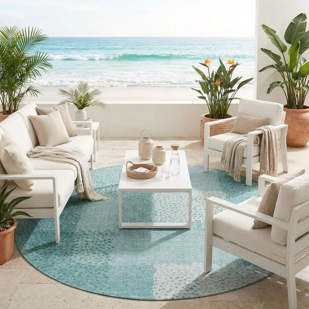 8' Turquoise And Teal Blue Round Abstract Washable Indoor Outdoor Area Rug Homeroots Outdoor