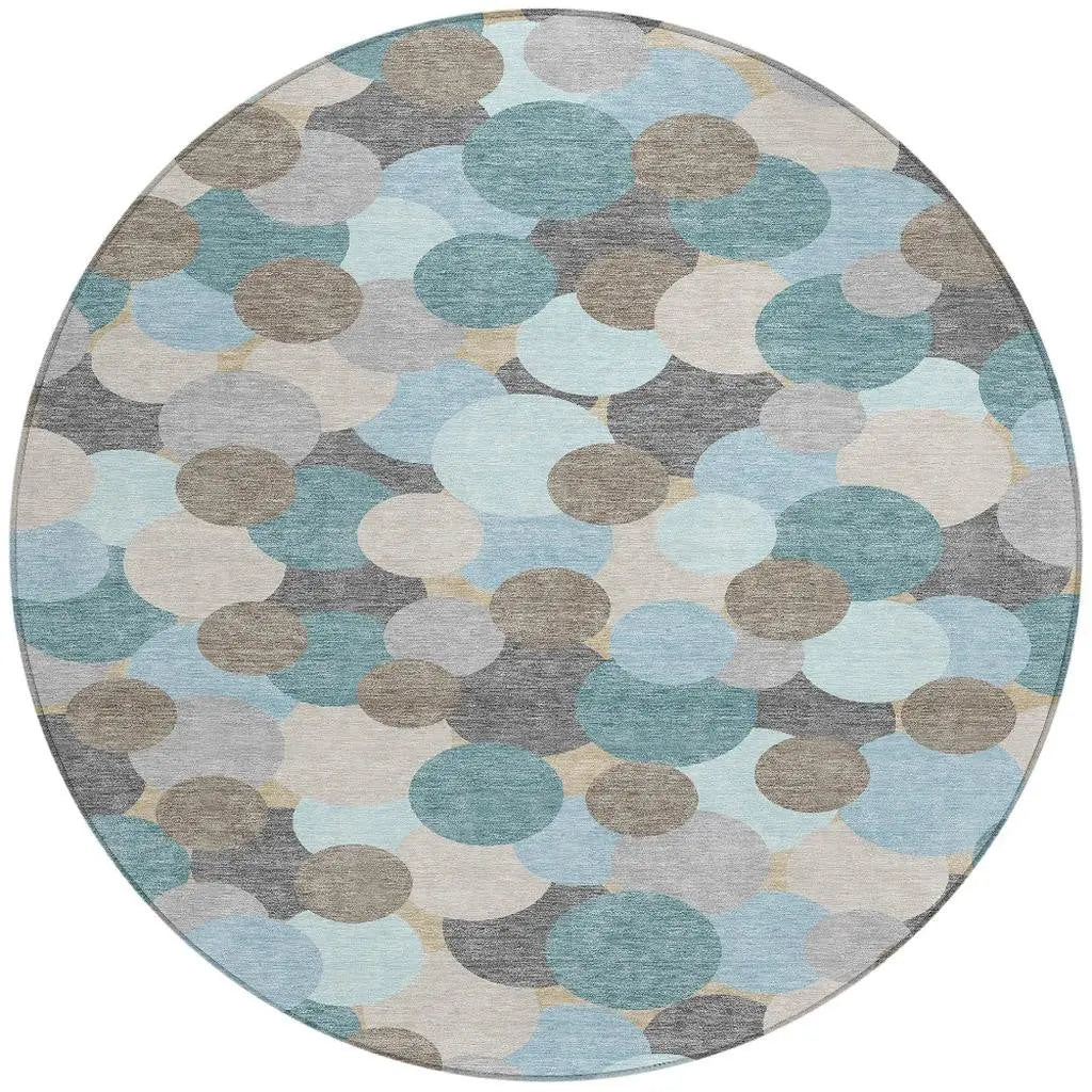 8' Turquoise And Teal Blue Round Geometric Washable Indoor Outdoor Area Rug Homeroots Outdoor
