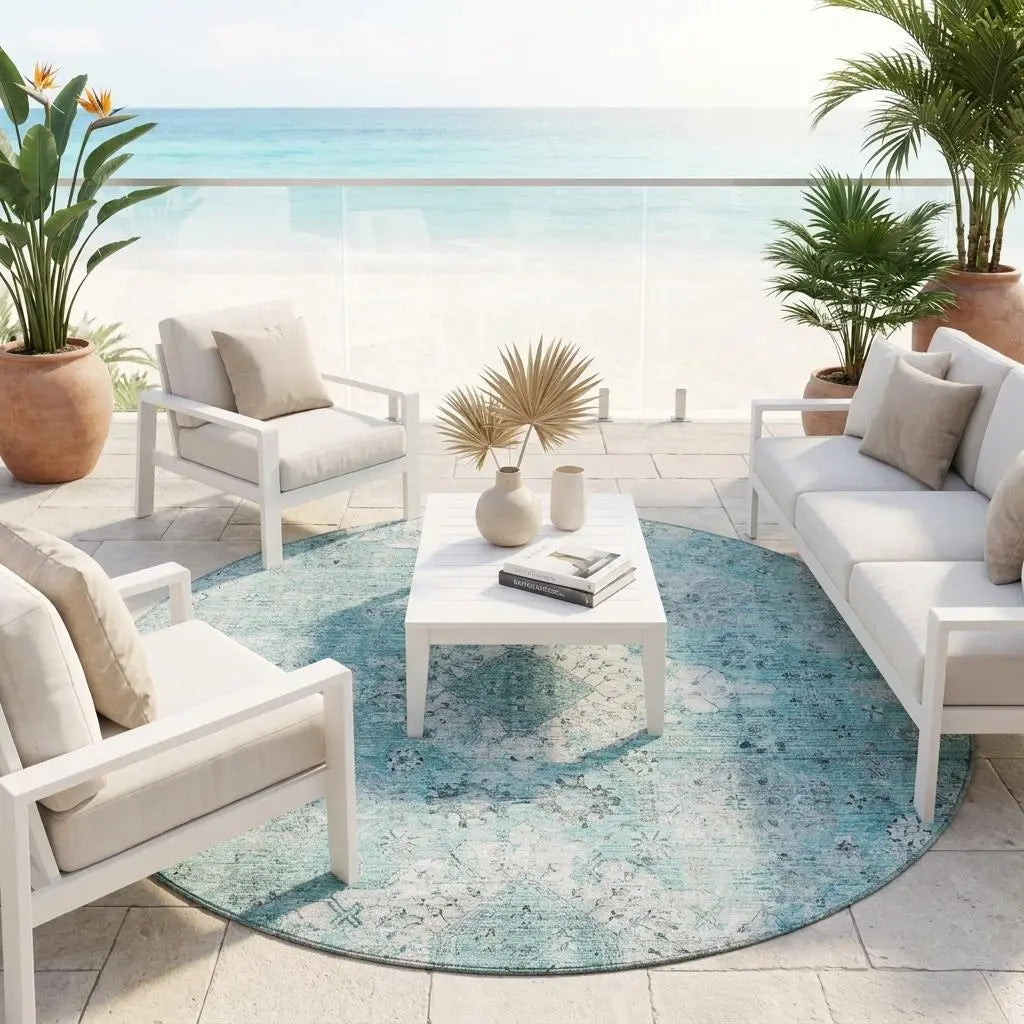 8' Turquoise And Teal Blue Round Oriental Washable Indoor Outdoor Area Rug Homeroots Outdoor