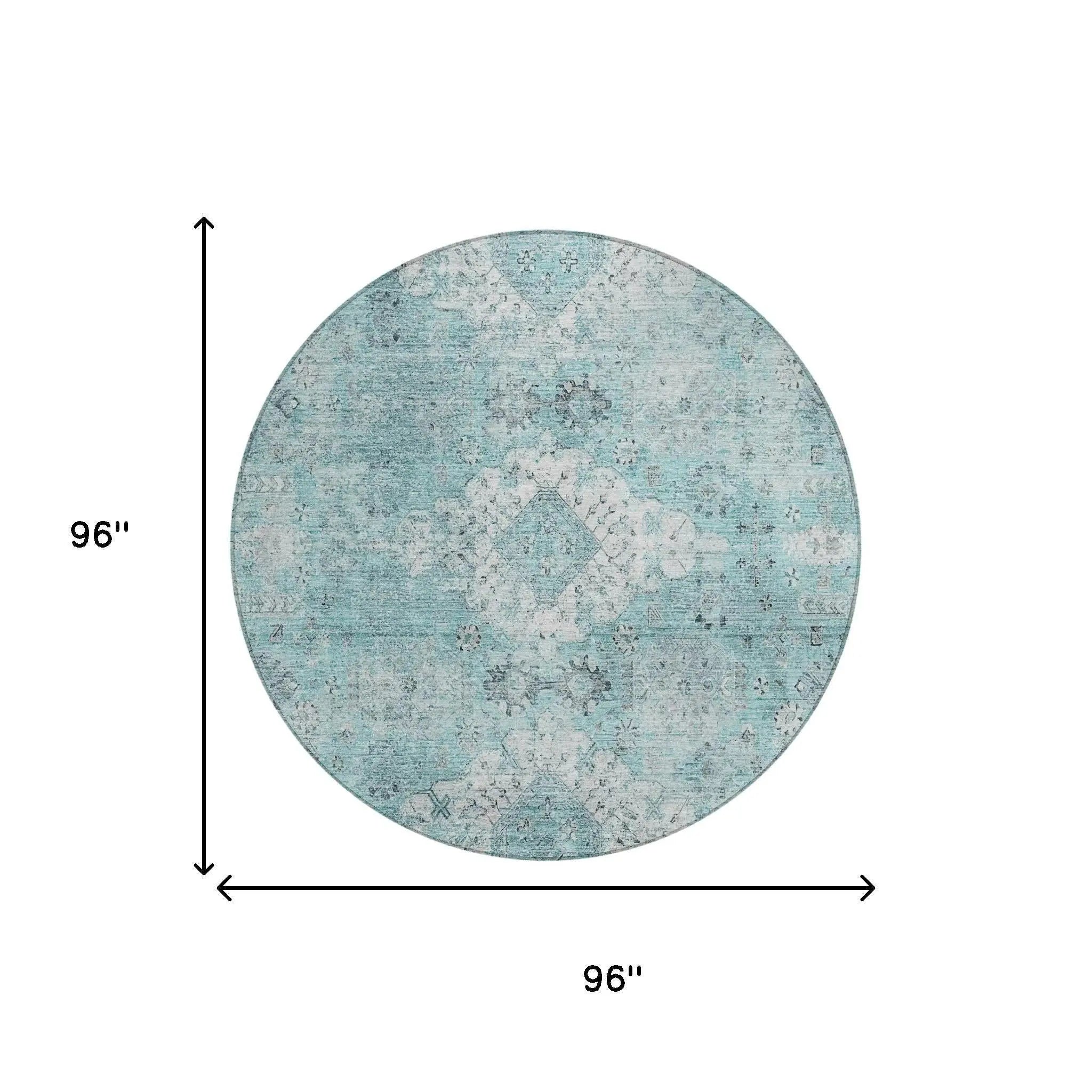 8' Turquoise And Teal Blue Round Oriental Washable Indoor Outdoor Area Rug Homeroots Outdoor