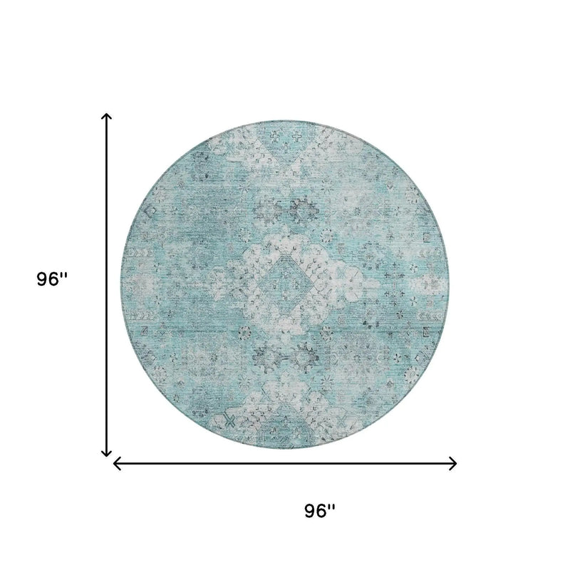 8' Turquoise And Teal Blue Round Oriental Washable Indoor Outdoor Area Rug Homeroots Outdoor