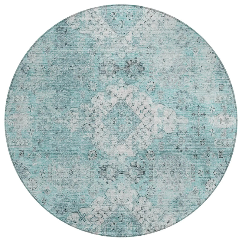 8' Turquoise And Teal Blue Round Oriental Washable Indoor Outdoor Area Rug Homeroots Outdoor