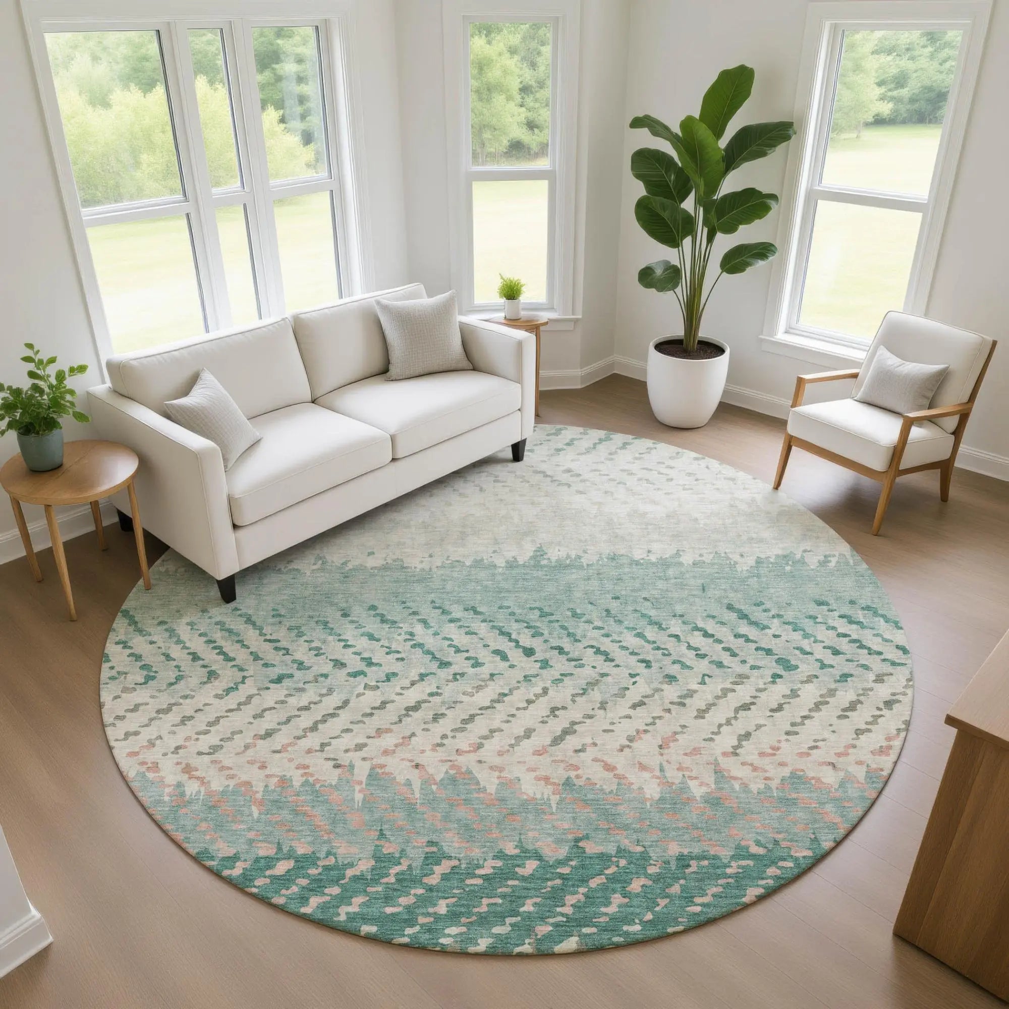 8' Turquoise And Teal Blue Round Striped Washable Indoor Outdoor Area Rug Homeroots Outdoor