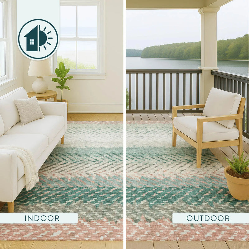 8' Turquoise And Teal Blue Round Striped Washable Indoor Outdoor Area Rug Homeroots Outdoor