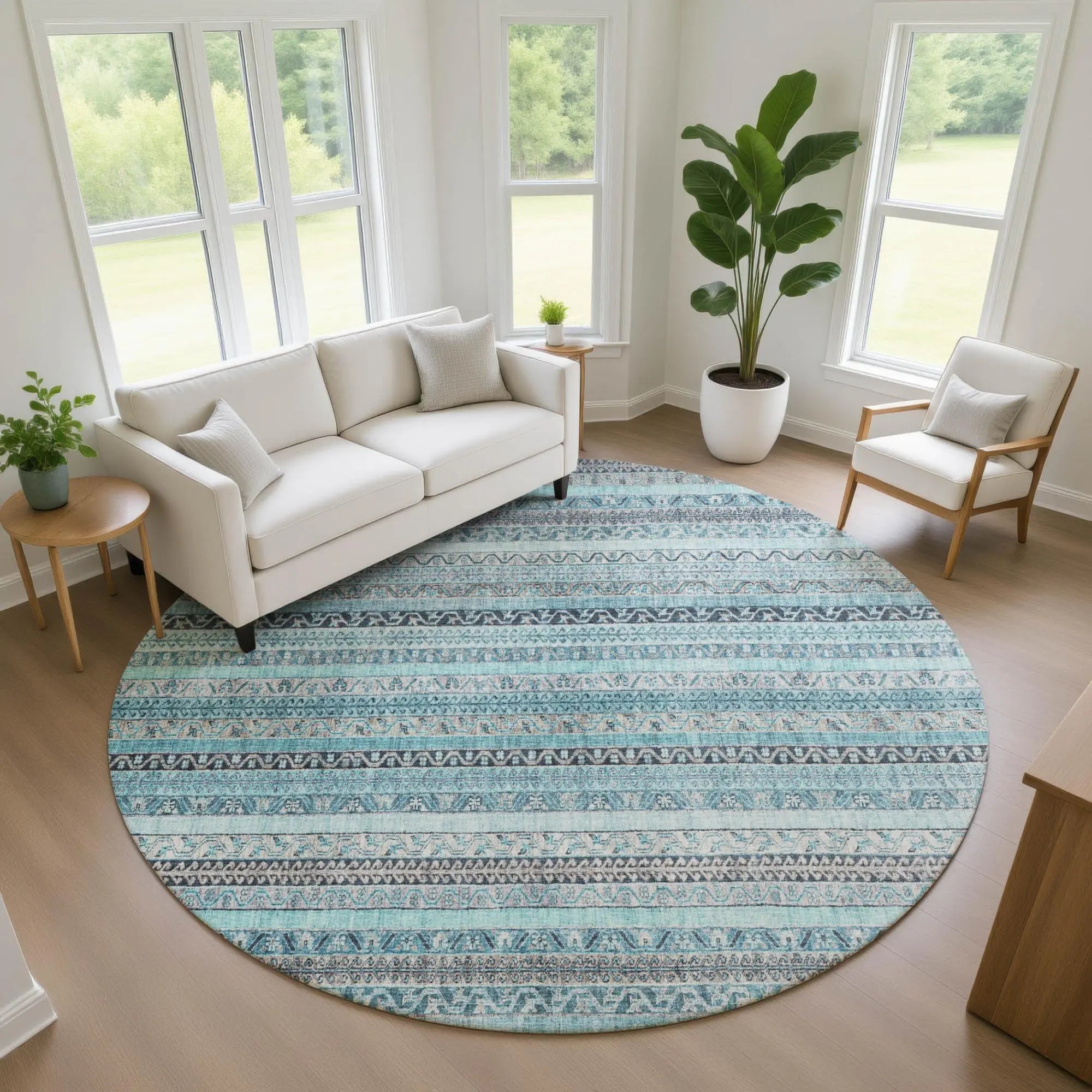 8' Turquoise And Teal Blue Round Striped Washable Indoor Outdoor Area Rug Homeroots Outdoor