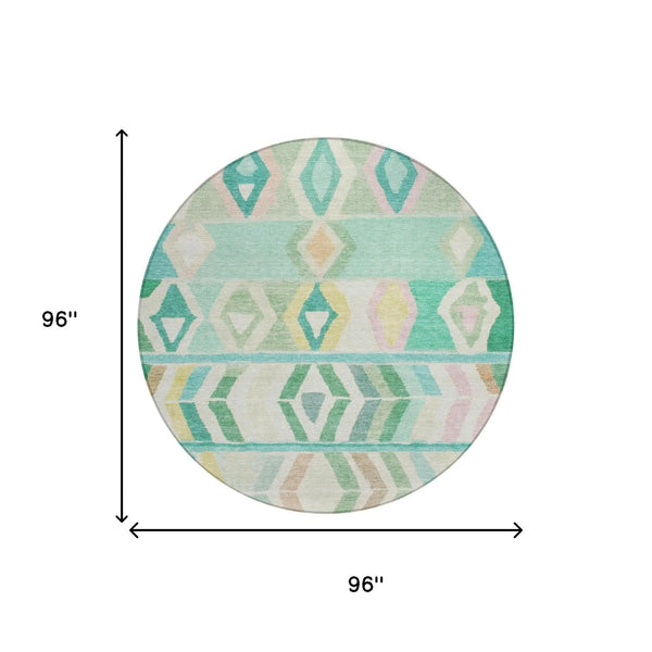 8' Turquoise And Teal Blue Round Tribal Washable Indoor Outdoor Area Rug Homeroots Outdoor
