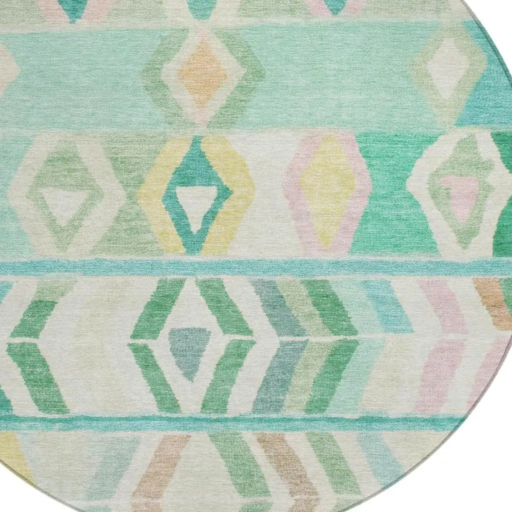 8' Turquoise And Teal Blue Round Tribal Washable Indoor Outdoor Area Rug Homeroots Outdoor