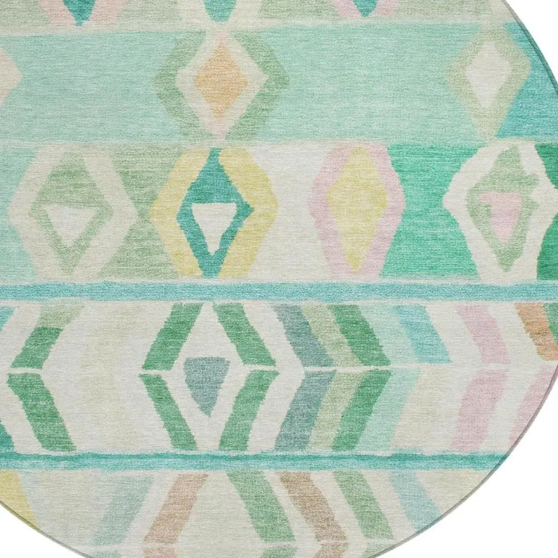 8' Turquoise And Teal Blue Round Tribal Washable Indoor Outdoor Area Rug Homeroots Outdoor