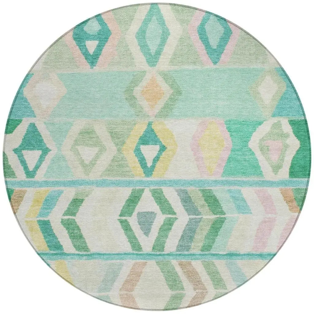 8' Turquoise And Teal Blue Round Tribal Washable Indoor Outdoor Area Rug Homeroots Outdoor