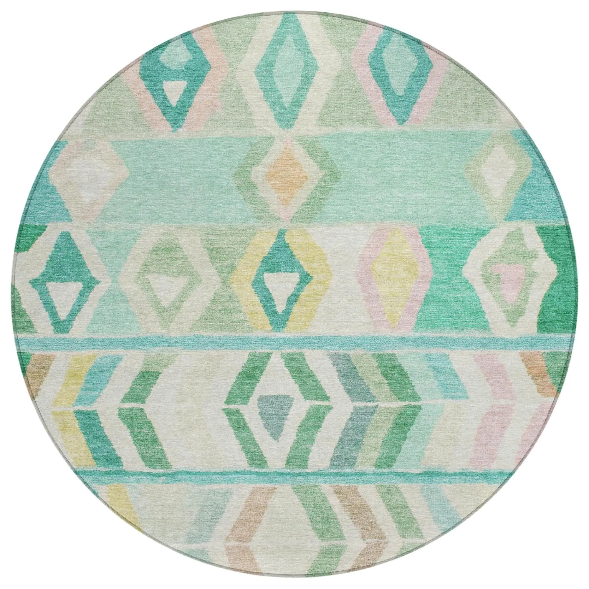 8' Turquoise And Teal Blue Round Tribal Washable Indoor Outdoor Area Rug Homeroots Outdoor