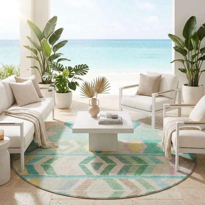 8' Turquoise And Teal Blue Round Tribal Washable Indoor Outdoor Area Rug Homeroots Outdoor