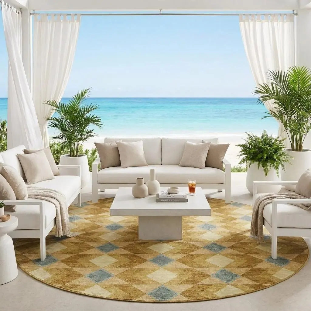 8' Walnut And Brown Round Geometric Washable Indoor Outdoor Area Rug Homeroots Outdoor