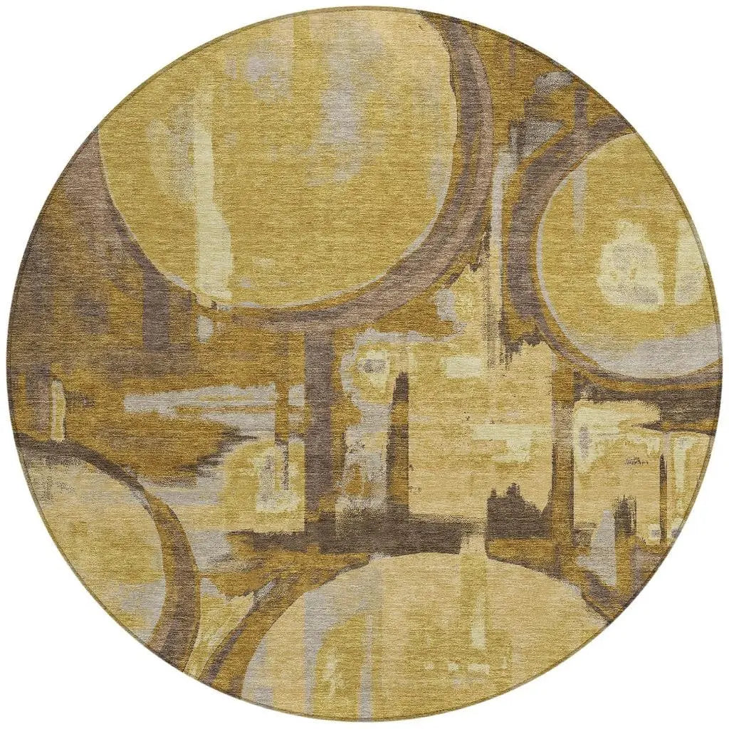 8' Walnut And Gold Round Abstract Washable Indoor Outdoor Area Rug Homeroots Outdoor