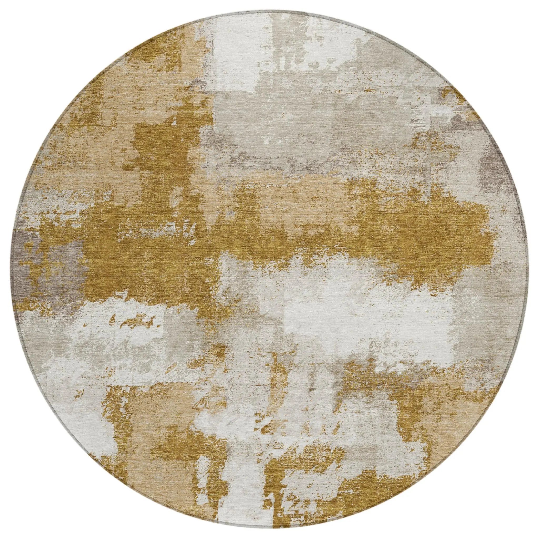 8' Walnut And Gold Round Abstract Washable Indoor Outdoor Area Rug Homeroots Outdoor
