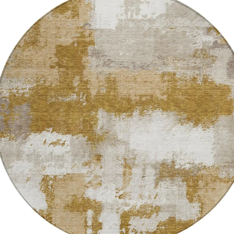 8' Walnut And Gold Round Abstract Washable Indoor Outdoor Area Rug Homeroots Outdoor