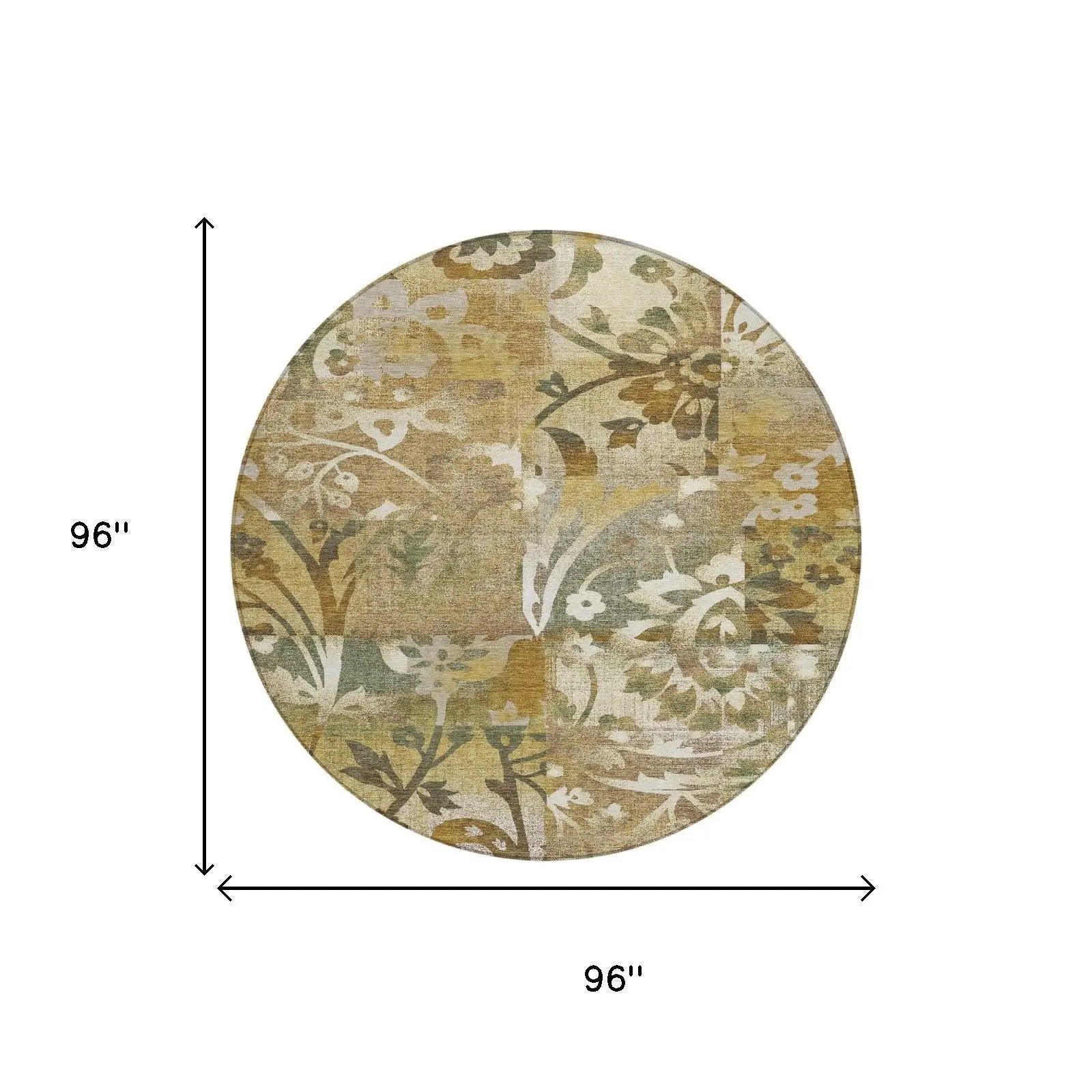 8' Walnut And Gold Round Botanical Leaves Washable Indoor Outdoor Area Rug Homeroots Outdoor