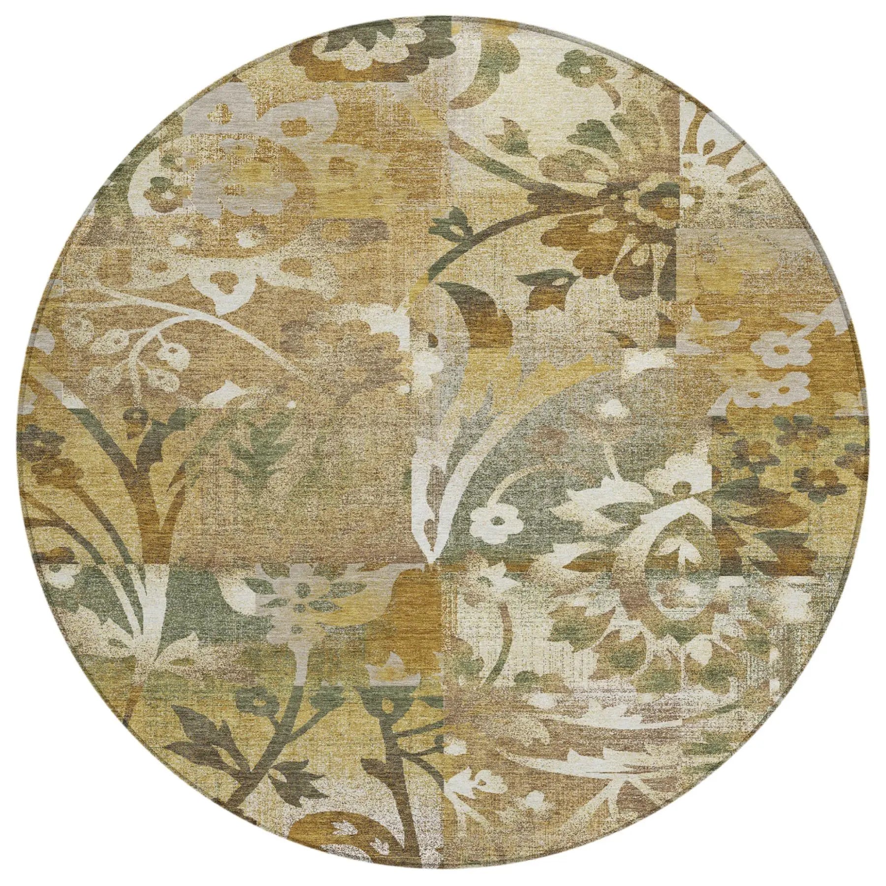 8' Walnut And Gold Round Botanical Leaves Washable Indoor Outdoor Area Rug Homeroots Outdoor