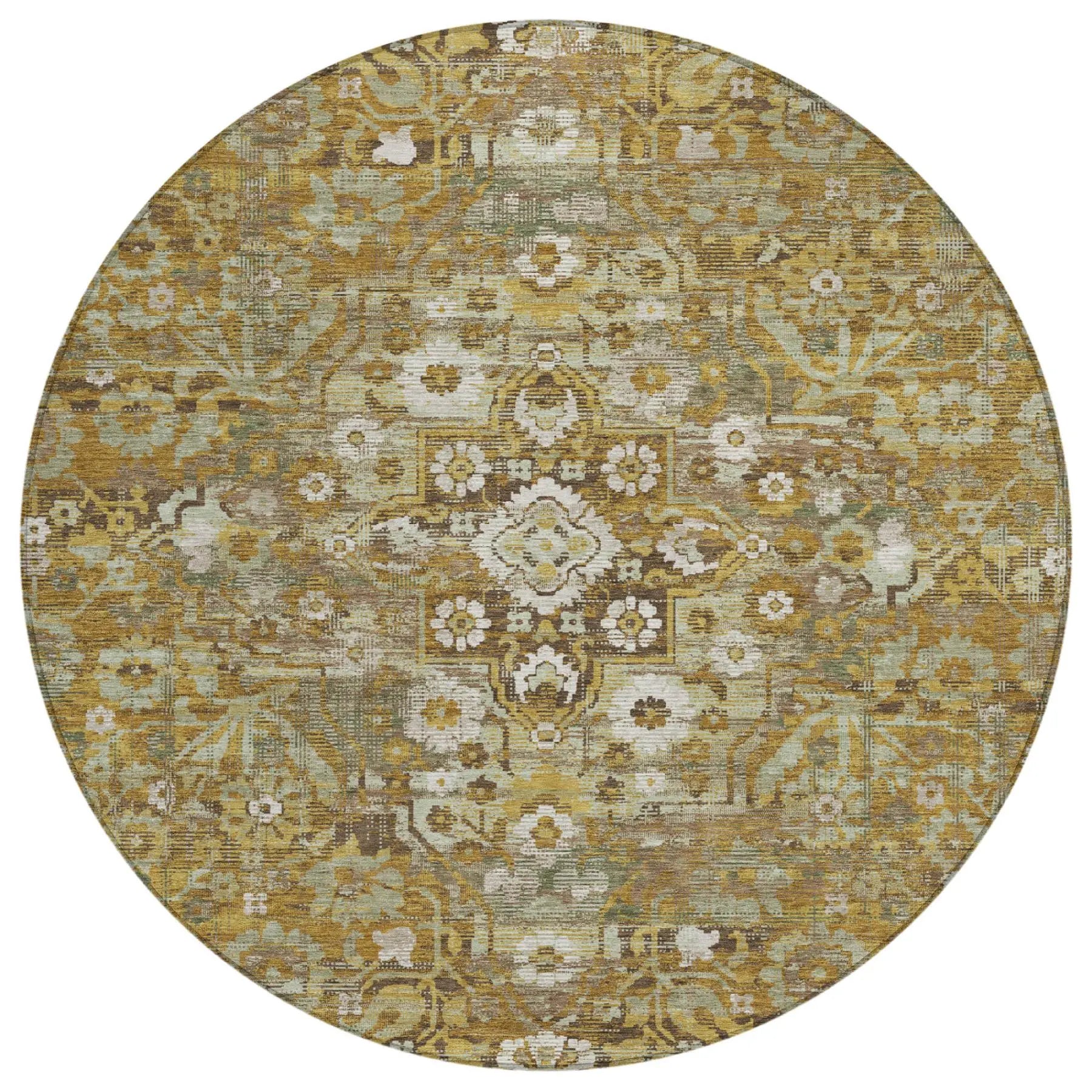 8' Walnut And Gold Round Floral Medallion Washable Indoor Outdoor Area Rug Homeroots Outdoor