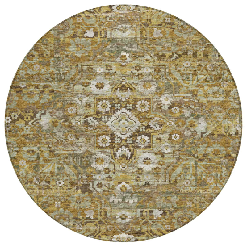 8' Walnut And Gold Round Floral Medallion Washable Indoor Outdoor Area Rug Homeroots Outdoor
