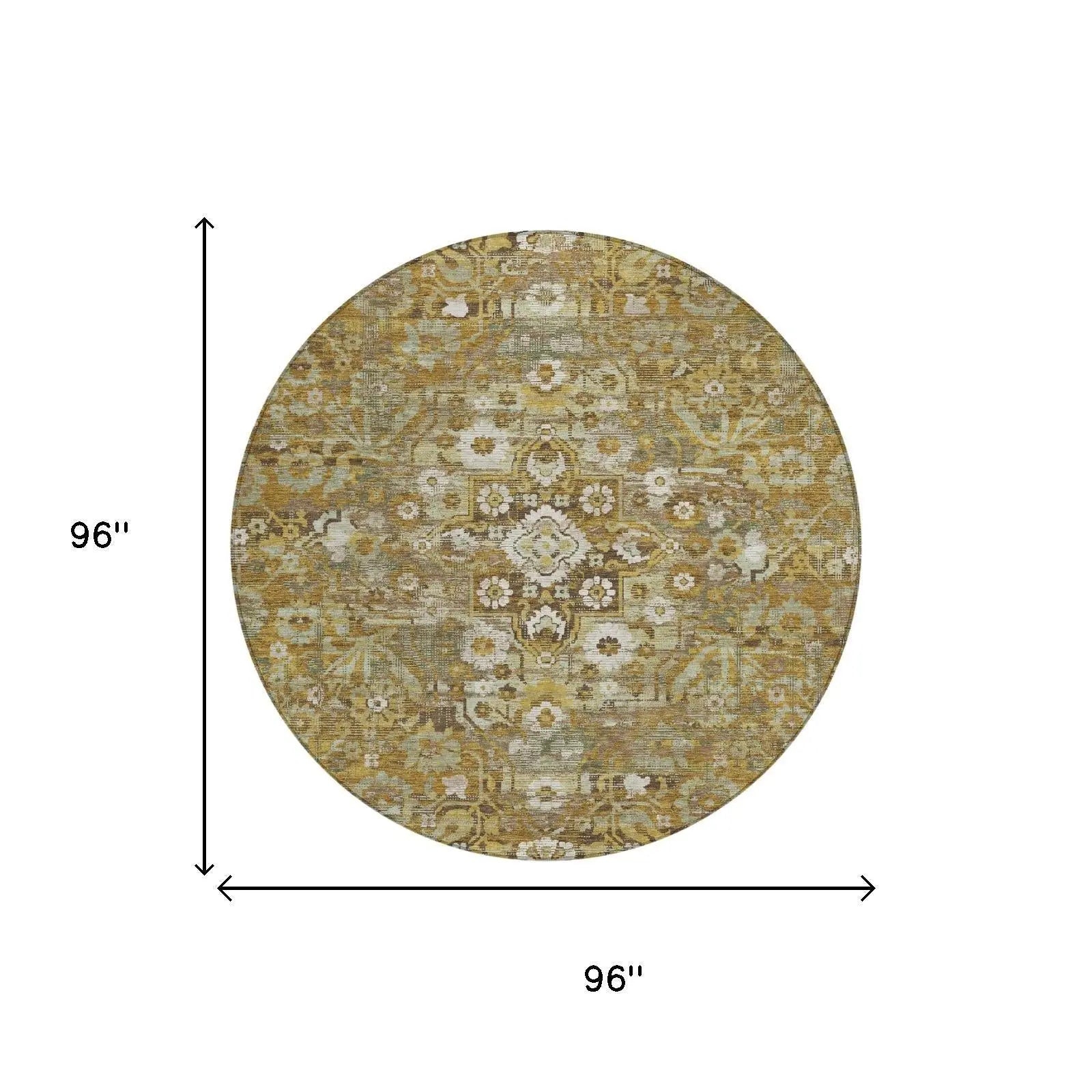 8' Walnut And Gold Round Floral Medallion Washable Indoor Outdoor Area Rug Homeroots Outdoor