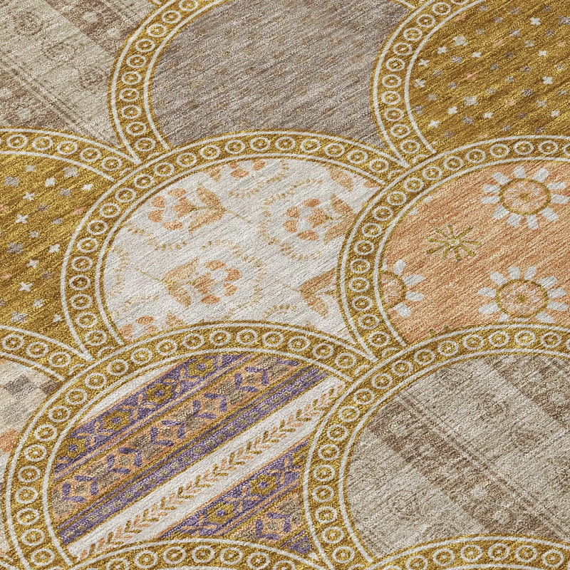 8' Walnut And Gold Round Geometric Washable Indoor Outdoor Area Rug Homeroots Outdoor