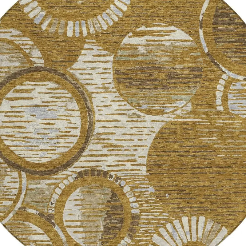 8' Walnut And Gold Round Geometric Washable Indoor Outdoor Area Rug Homeroots Outdoor