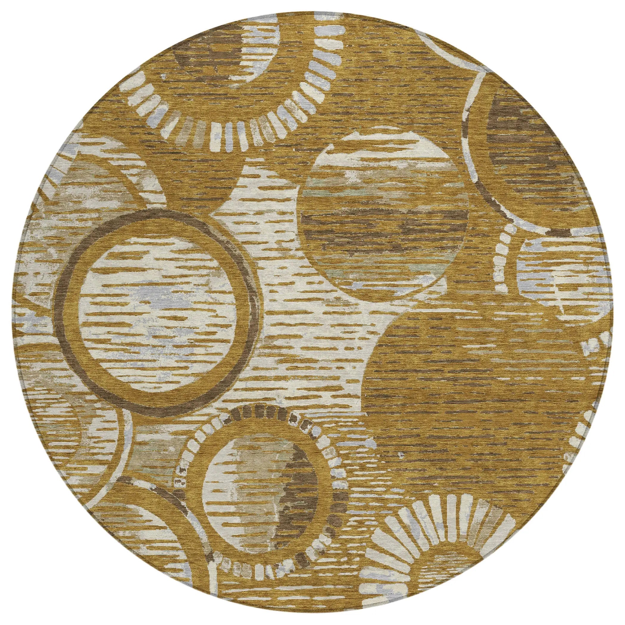 8' Walnut And Gold Round Geometric Washable Indoor Outdoor Area Rug Homeroots Outdoor